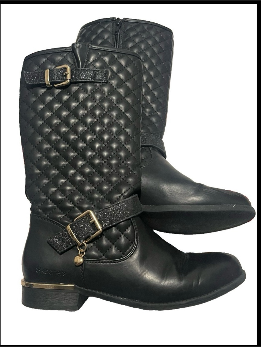 Skechers Black Quilted Mid-Calf Heeled Boots with Buckle Accent Size 3